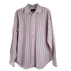 Bugatchi Uomo Long Sleeve Button Up Cotton Pink Stripe Polka Dot Mens Sz L Large